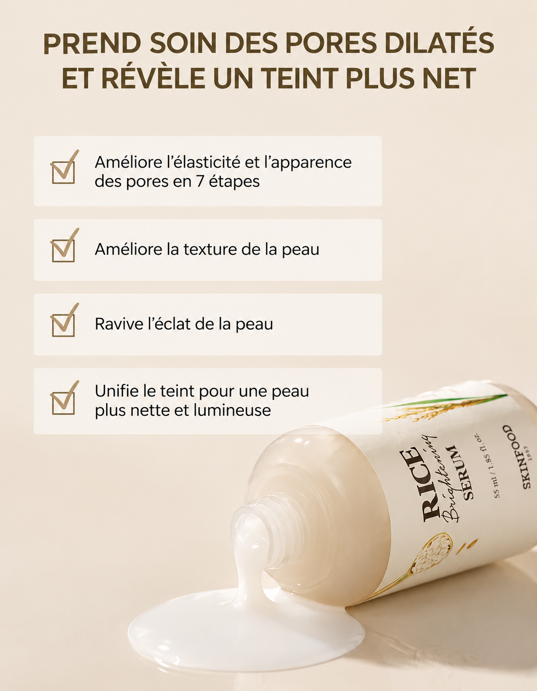 SKINFOOD – Rice Brightening Serum – Sérum éclat au riz, hydratant et affinant les pores – 55 ml